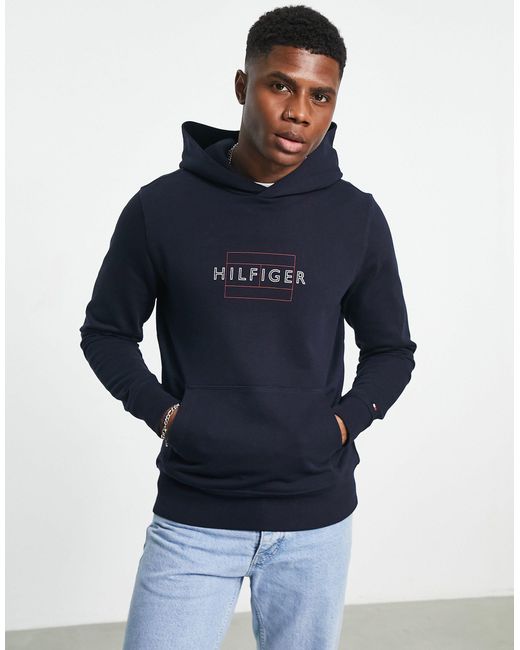 Tommy Hilfiger Cotton Linear Flag Logo Hoodie in Navy (Blue) for Men ...