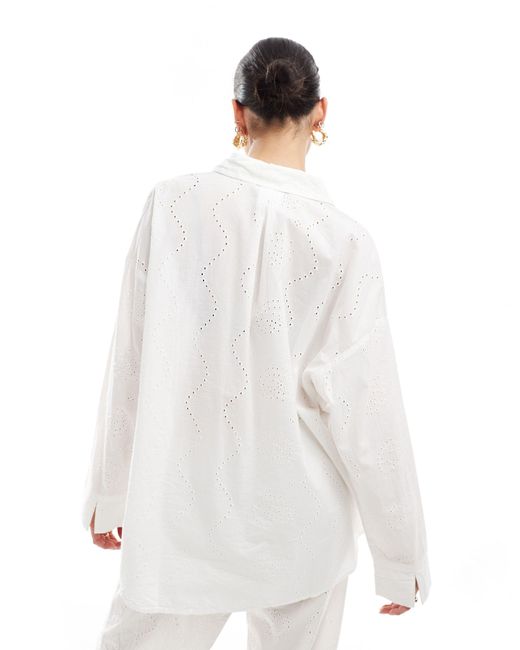 Pull&Bear White Oversized Broderie Detail Shirt Co-ord