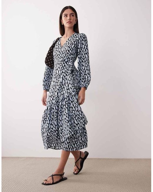 Wednesday's Girl Blue Long Sleeve Tie Detail Wrap Dress