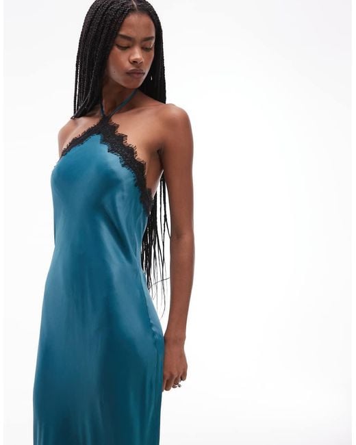 ASOS Blue Halter Neck Satin Slip Maxi Dress With Lace Trim