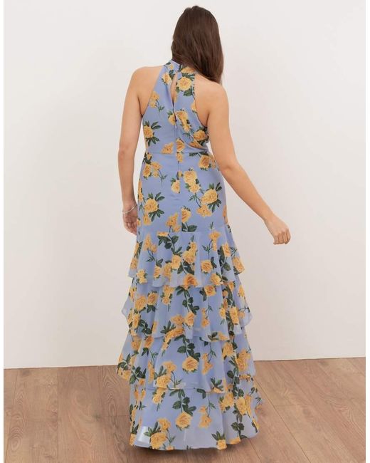 ANAYA Blue Floral Print Halter Neck Tiered Maxi Dress