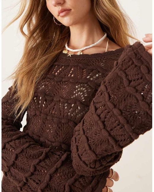 ASOS Brown Knitted Open Stitch Mini Dress With Flared Sleeve