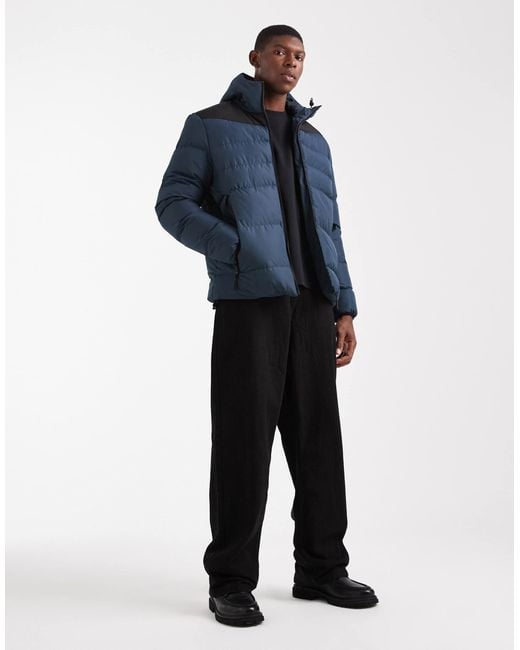 Brave Soul Blue Short Hooded Puffer Jacket With Panel Detail for men