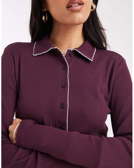 Miss Selfridge Purple Button Though Rib Shirt With Blanket Stitch Detail