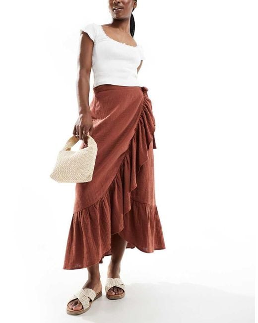 New Look Red Wrap Ruffle Midi Skirt
