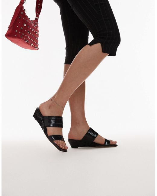 ARKET Black Real Leather Croc Wedge Sandal