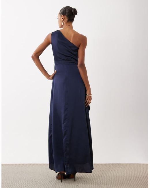TFNC London Blue Bridesmaid Satin One Shoulder Wrap Skirt Maxi Dress