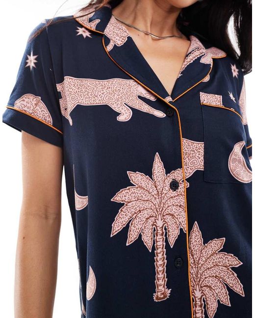 Chelsea Peers Set Van Polyester Met Overhemd Met Korte Mouwen, Reverskraag En Short in het Blue