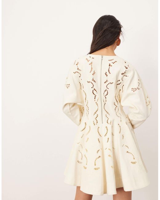 ARRANGE Natural Twill Embroidered Cutwork Mini Skater Dress