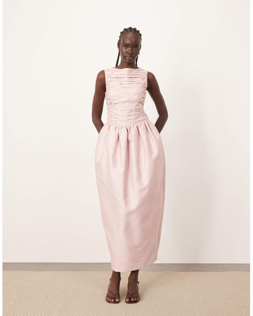 ARRANGE Pink Structured Satin Cinched Waist Maxi Dress