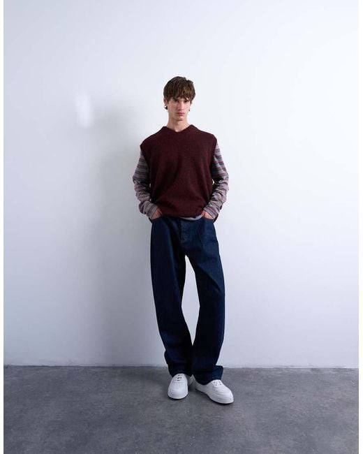 Topman Red Oversized Fit Knitted V-neck Tank for men
