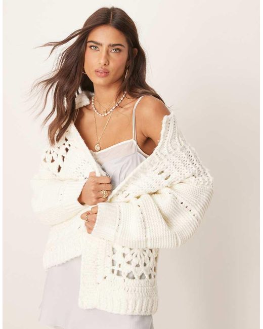 ASOS Natural Crochet Patchwork Cardigan With Collar Detail
