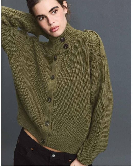 Stradivarius Gray High-Neck Button-Up Knit Cardigan
