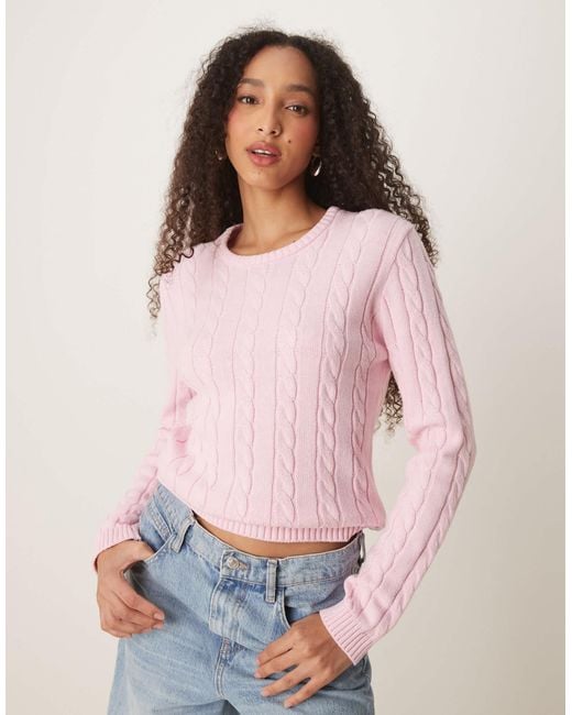 Gina Tricot Pink Cotton Blend Cable Knit Sweater With Crew Neck