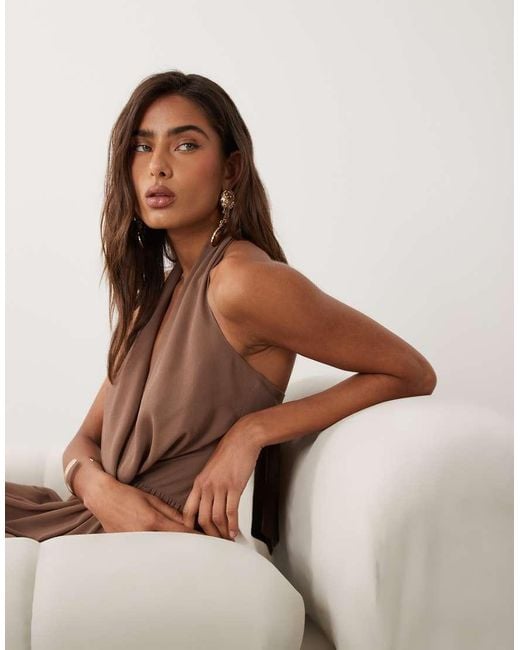 Aria Cove Brown Plunge Cowl Neck Wrap Scarf Detail Maxi Dress