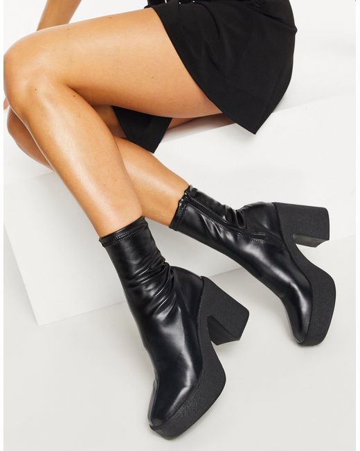 Truffle Collection Black Chunky Heeled Sock Boots