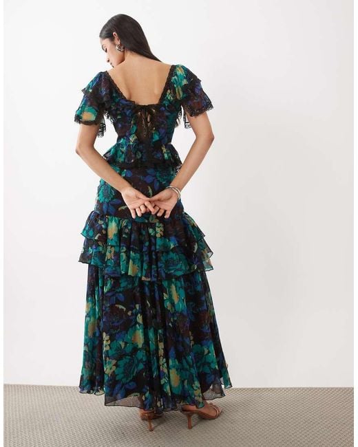 ASOS Multicolor Full Hem Ruffle Maxi Dress With Trim Detail And Open Back