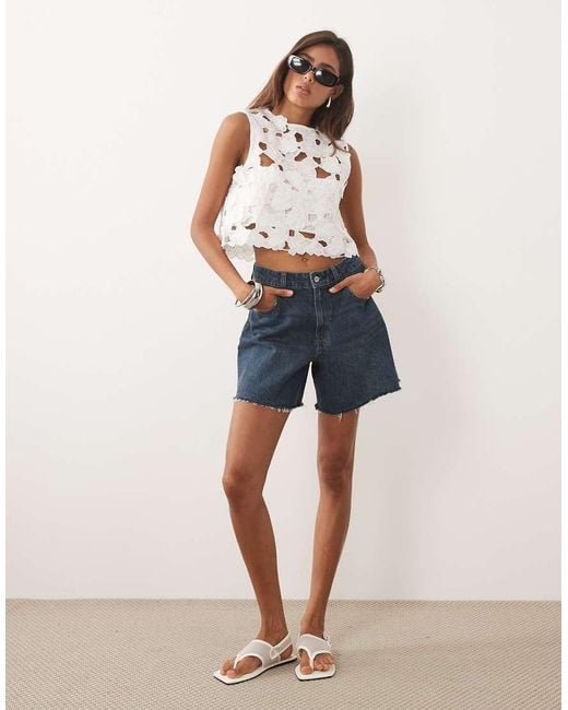 Mango Blue Round Neck Sleeveless Crop Top With Cut-out Embroidered Detailing