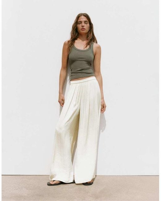 Pull&Bear White Satin Wide-leg Trousers