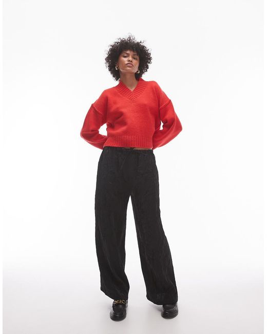 TOPSHOP Red Knitted High V-neck Clean Jumper