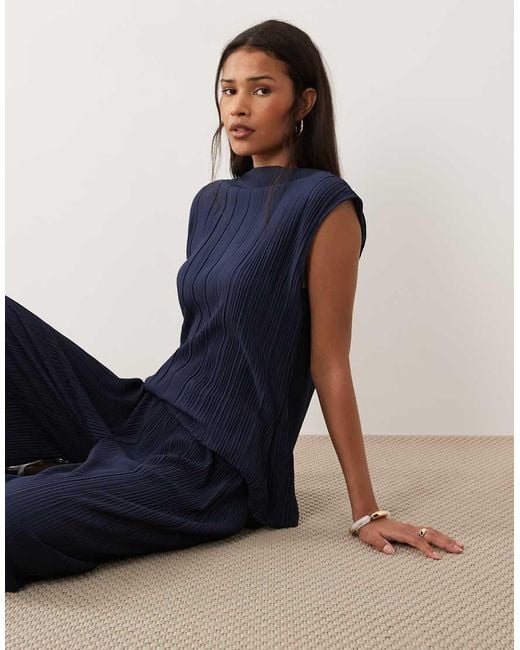 Vila Blue Plisse Sleeveless Top Co-ord