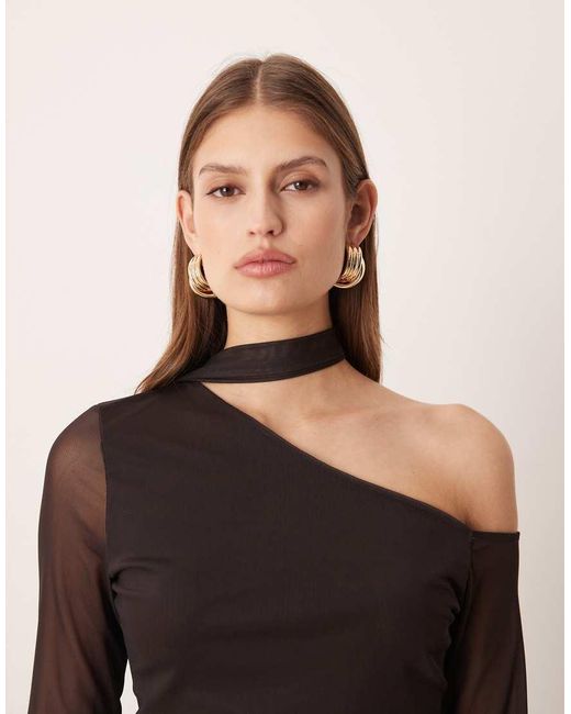 ASOS Black Asymmetric Mesh Top With Scarf Detail