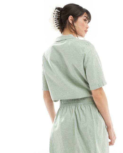 Vero Moda Green Short Sleeve Cropped Linen Shirt Co-ord