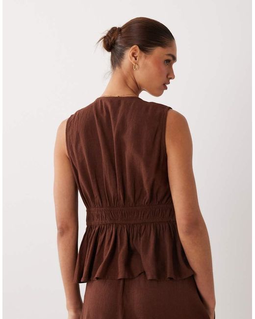 Nobody's Child Brown Linen Blend Ruched Tie Front Top