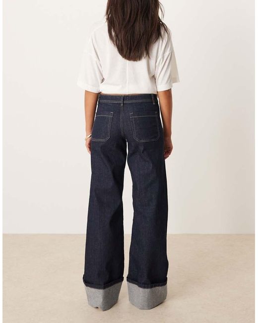 Jdy Blue Vanessa Mid Waist Wide Leg Turn Up Hem Jeans