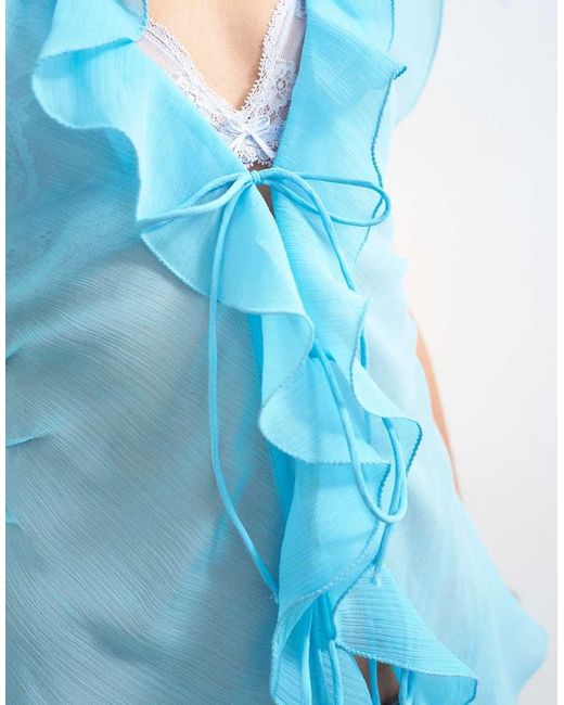 TOPSHOP Blue Ruffle V Neck Top