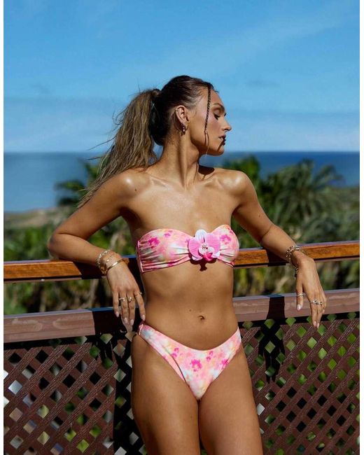 South Beach Blue X Misha Grimes Floral Abstract Print Flower Hardware Bandeau Bikini Top