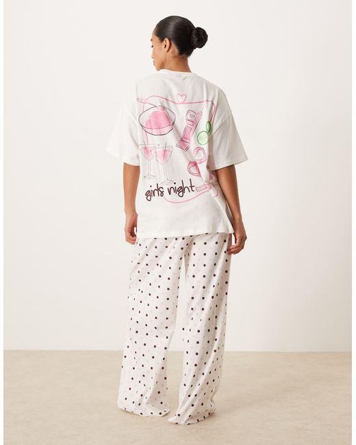 ASOS Natural Asos design petite – pyjama mit oversize-t-shirt mit "girls night"-motivprint und weit geschnittener hose