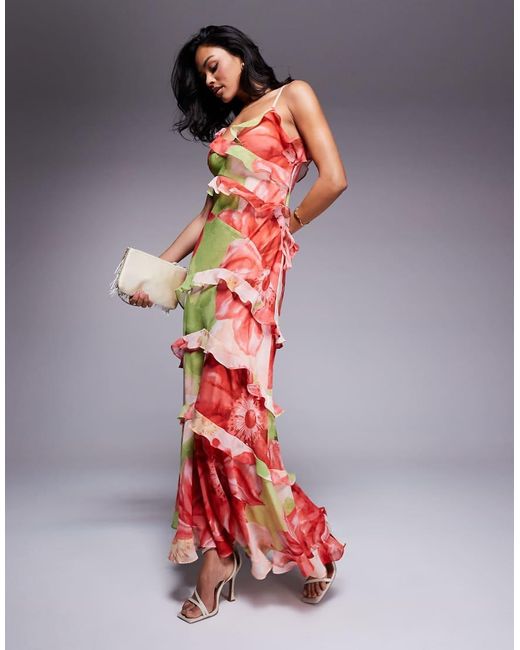 Vestito Lungo A Fiori Rossi E Lime Con Volant di Forever New in Red