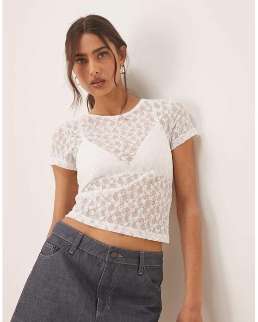 ASOS White Lace Short Sleeve Semi Sheer Baby Tee