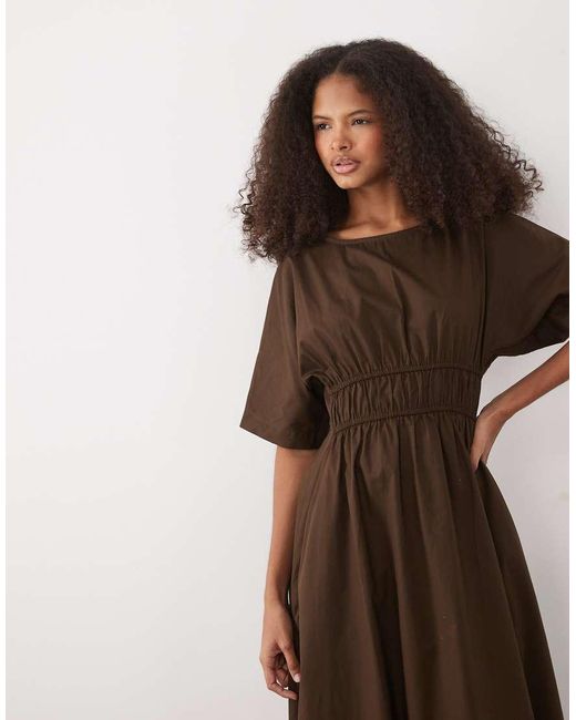 Threadbare Brown Cotton Poplin Short Sleeve Midi Dress