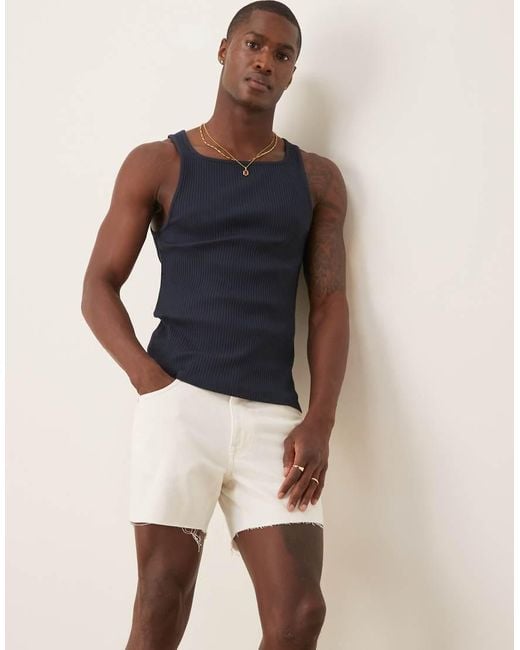 ASOS Blue Shorter Length Slim Denim Shorts With Rip Detail for men