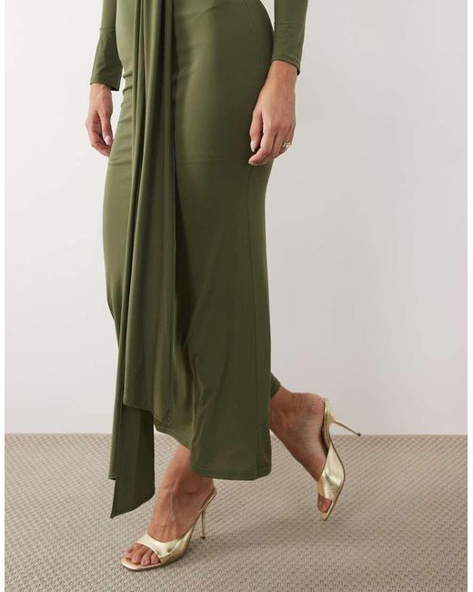 TFNC London Green Slinky Slash Neck Drape Front Long Sleeve Maxi Dress