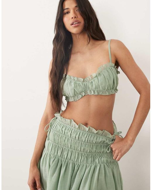 Wanderdoll Green Soulie Linen Look Ruched Tie Back Bralette Crop Top Co-ord