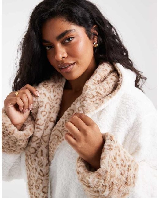 Loungeable White Curve Contrast Leopard Print Cosy Hooded Maxi Dressing Gown