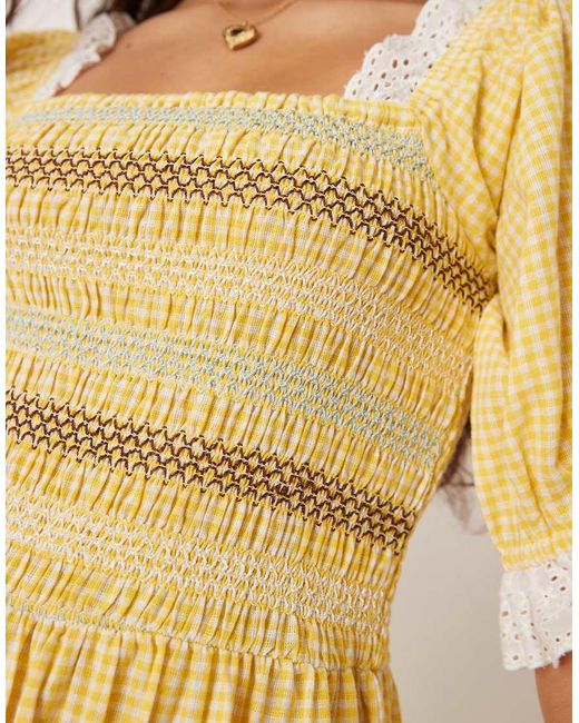 Neon Rose Natural Gingham Puff Sleeve Midaxi Dress