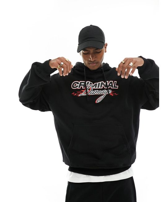 Criminal Damage Black Heavyweight Hoodie With Racing Graphics for men