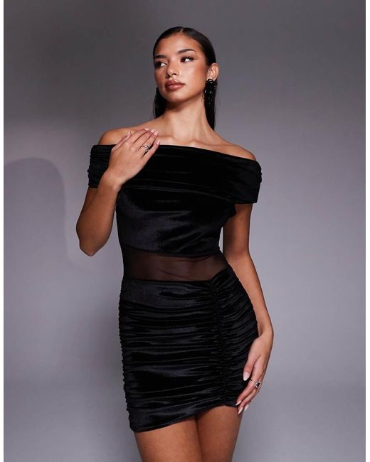 Kaiia Blue Exclusive Velvet Bardot Mesh Insert Ruched Skirt Detail Mini Dress