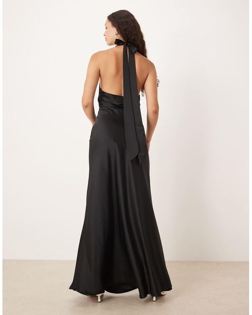 Six Stories Black Twist Front Satin Maxi Dress