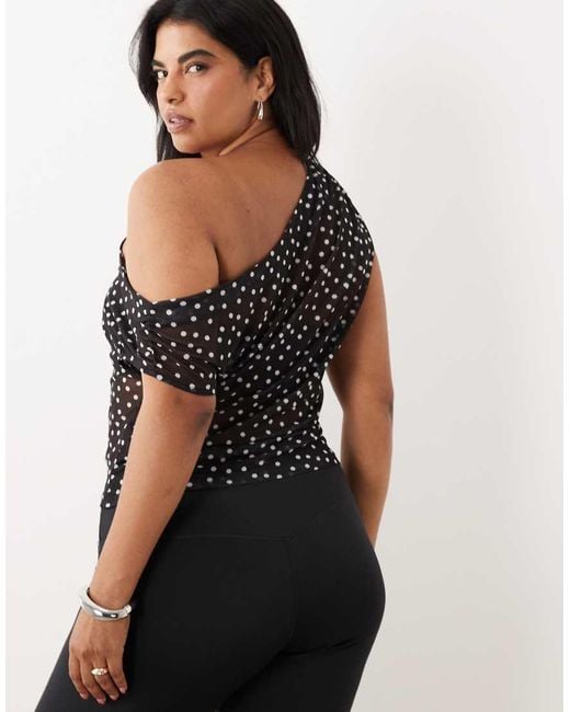 ASOS Black Asos Design Curve Sheer Mesh Ruched Off Shoulder Asymmetric Top