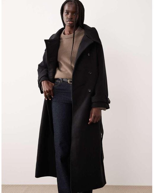 Gina Tricot Black Wool Belted Midaxi Coat With Funnel Neck Detail