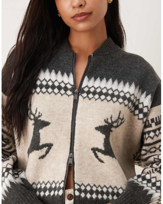 Cardigan Stile Bomber Con Motivo Fair Isle Con Renne di ASOS in Gray