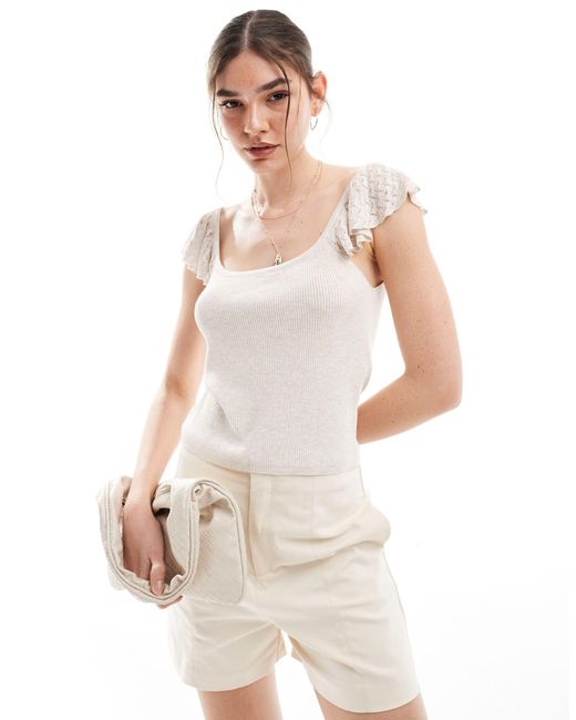 Vila White Super Soft Ribbed Square Neck Top With Fine Crochet Sleeve Detail