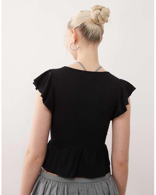 Motel Black Leisma Frill Sleeve Studded Plunge Top