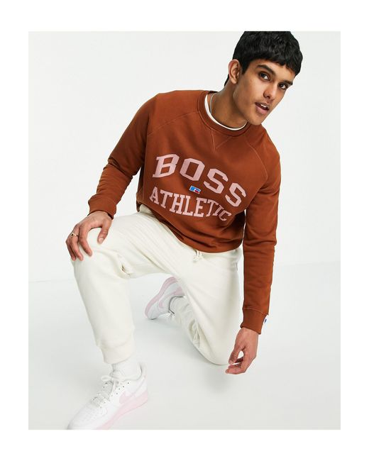BOSS by HUGO BOSS X Russell Athletic - Stedman - Sweatshirt Met College  Logo in het Bruin voor heren | Lyst NL