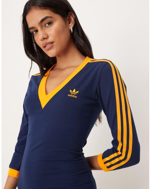 Vestido Largo Azul Añil Nocturno Y Naranja Deportivo Con 3 Rayas Adicolor Classics De -Morado Adidas Originals de color Blue